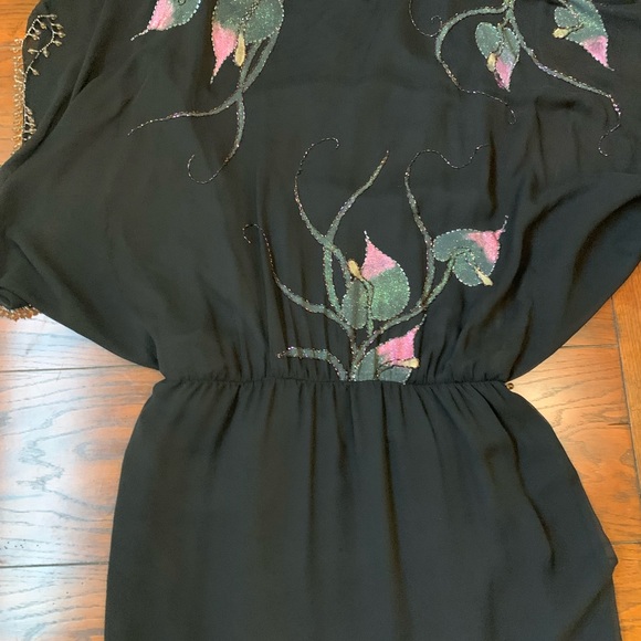 Vintage Oleg Cassini evening silk beaded painted rare dress gown batwing black - Picture 3 of 13